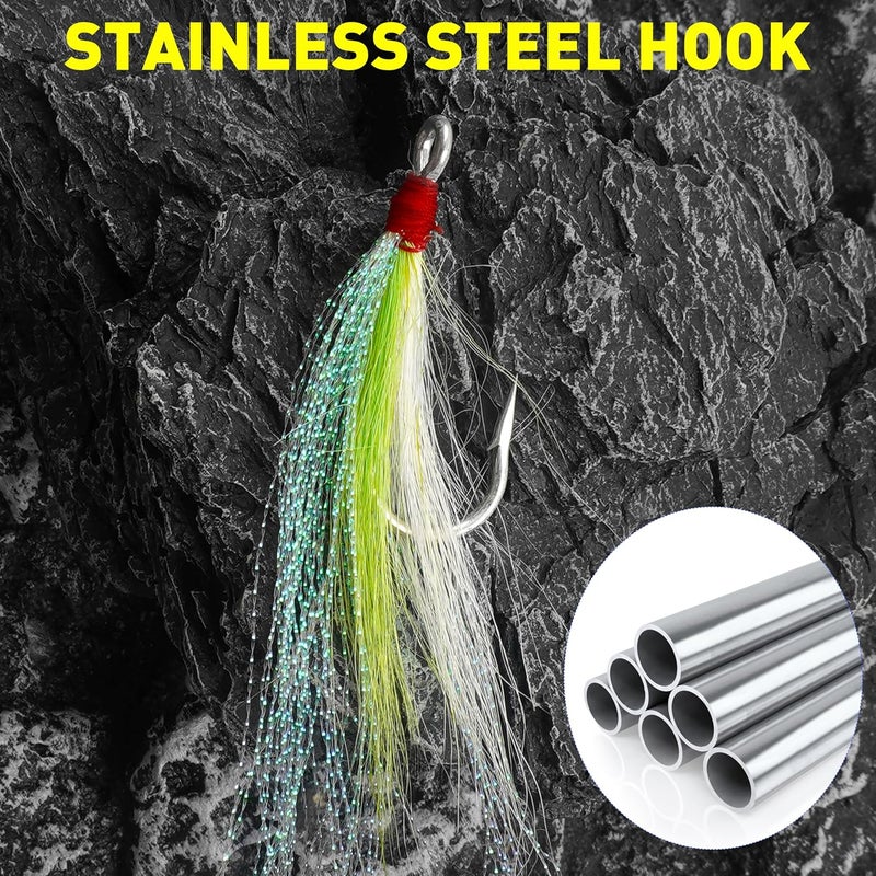 SILANON Bucktail Teaser Fishing Hooks,5pcs Saltwater Flounder Rig Stainless Steel Fishing Jig Hooks Bucktail Mylar Flash Teasers Inserted for Striper Catfish Cod Flounder Hi/Lo Rig - Image 4